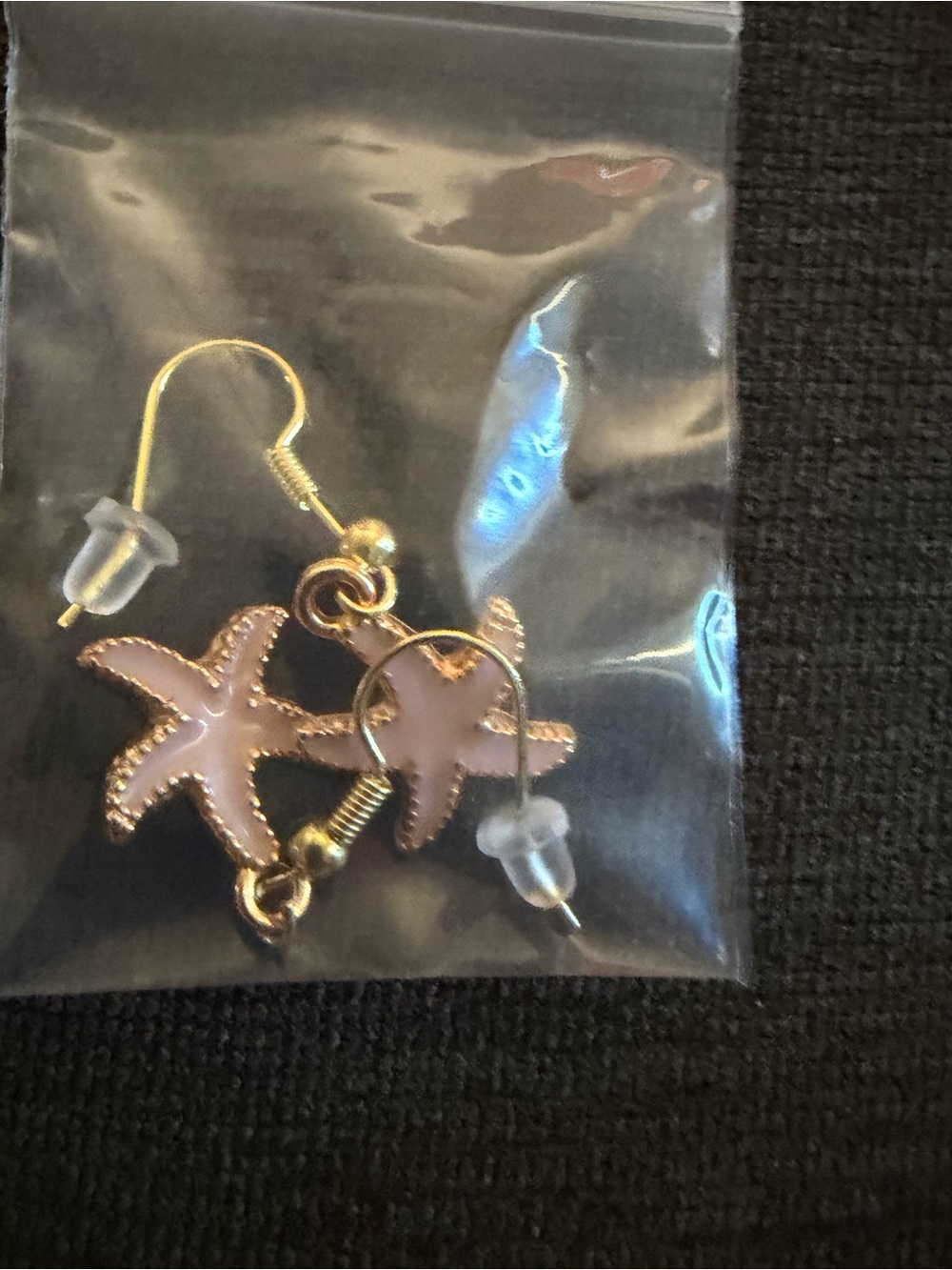 Pink Starfish Drop Earrings - faux gold trim.